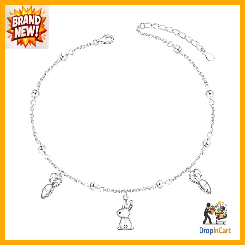 Sterling Silver Bunny Charm Anklet Adjustable Beaded Foot Jewelry Elegant